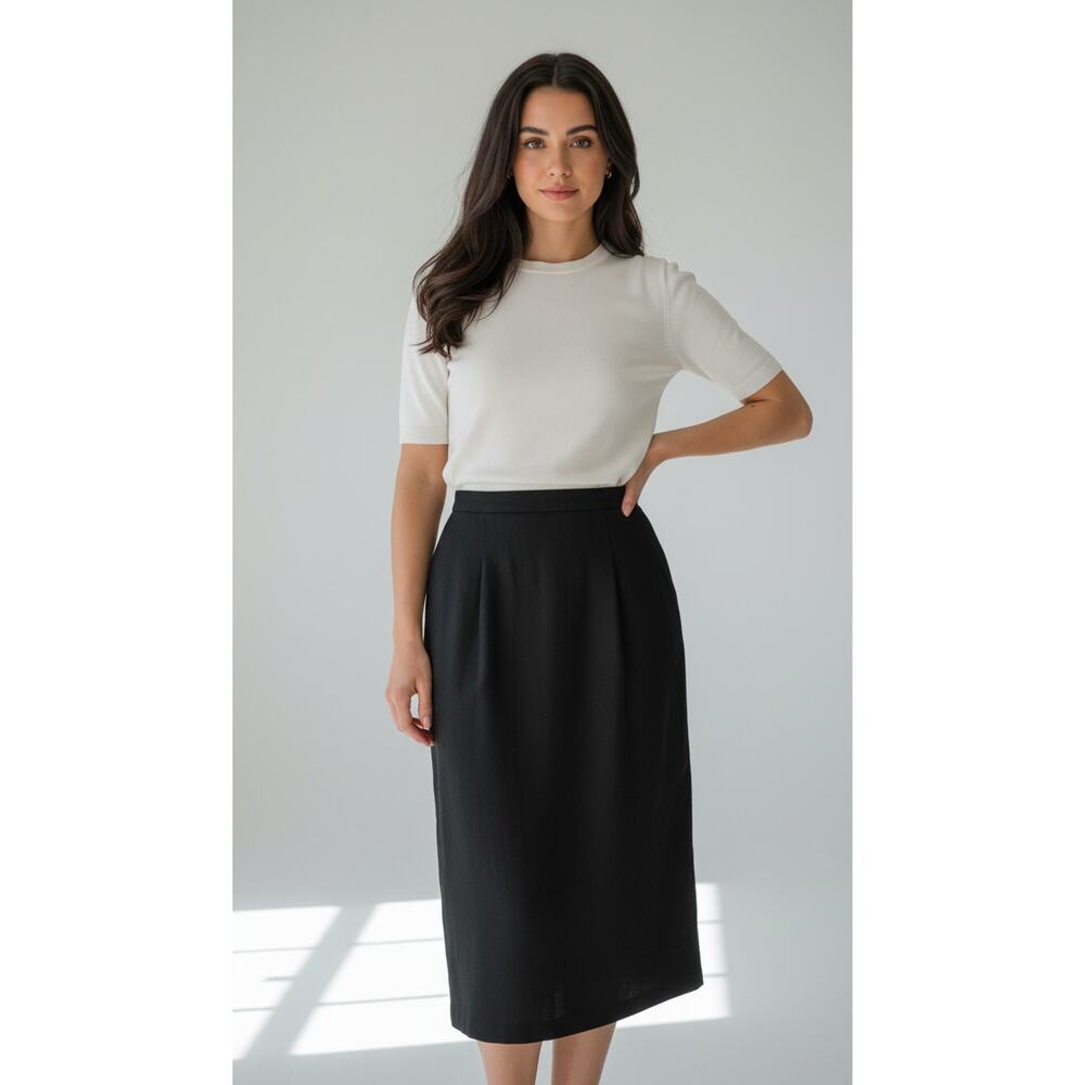 Sag Harbor‎ Petite Skirt Womens 12P Black Wool Midi Pencil Lined Pleated Back